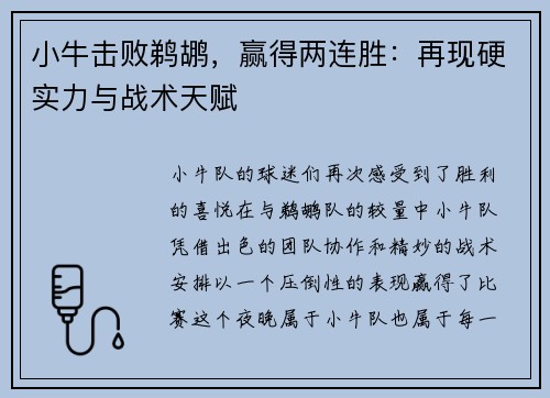 小牛击败鹈鹕，赢得两连胜：再现硬实力与战术天赋